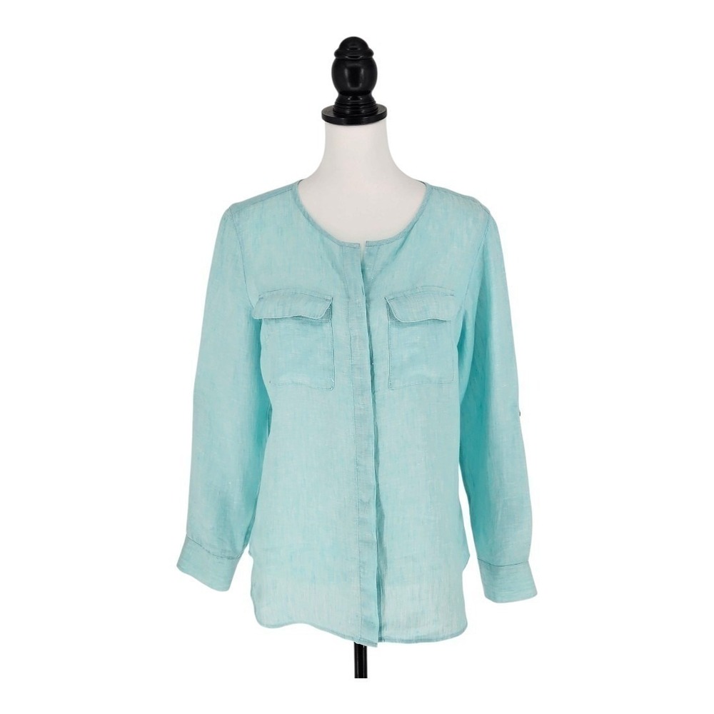 SALE Talbots Linen Blouse Womens Petite Medium Light Blue Roll Tab Sleeve